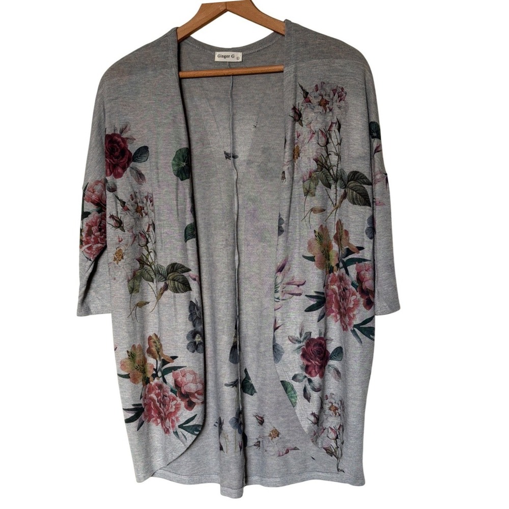Ginger G Cardigan Womens Large Gray Floral Open Front 3/4 Sleeve 8101-JS65
